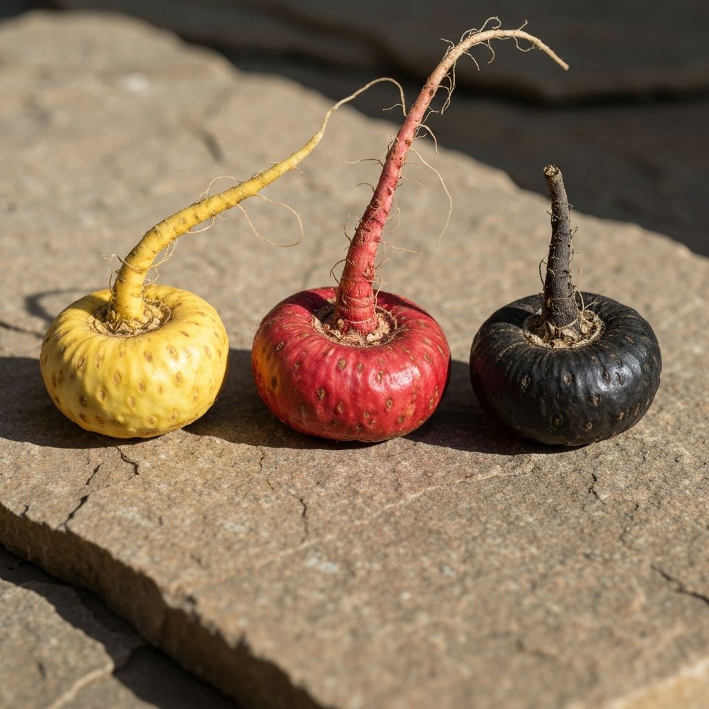Three maca root color varieties side by side