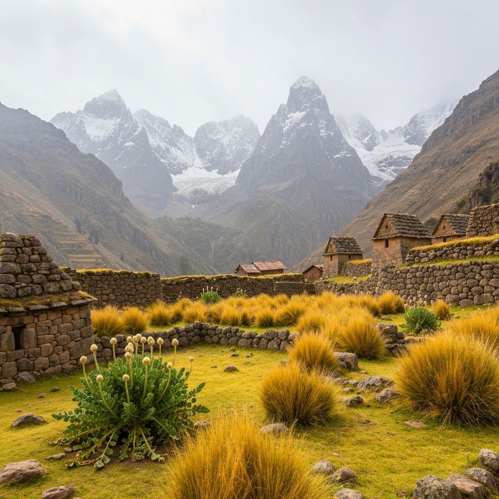 Andean mountain landscape with traditional maca cultivation